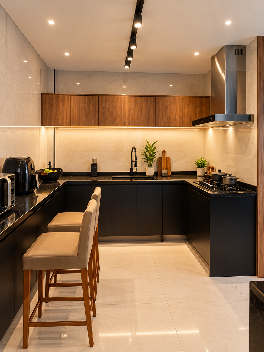 Cozinha planejada em madeira e preto enviada pelo proprietário