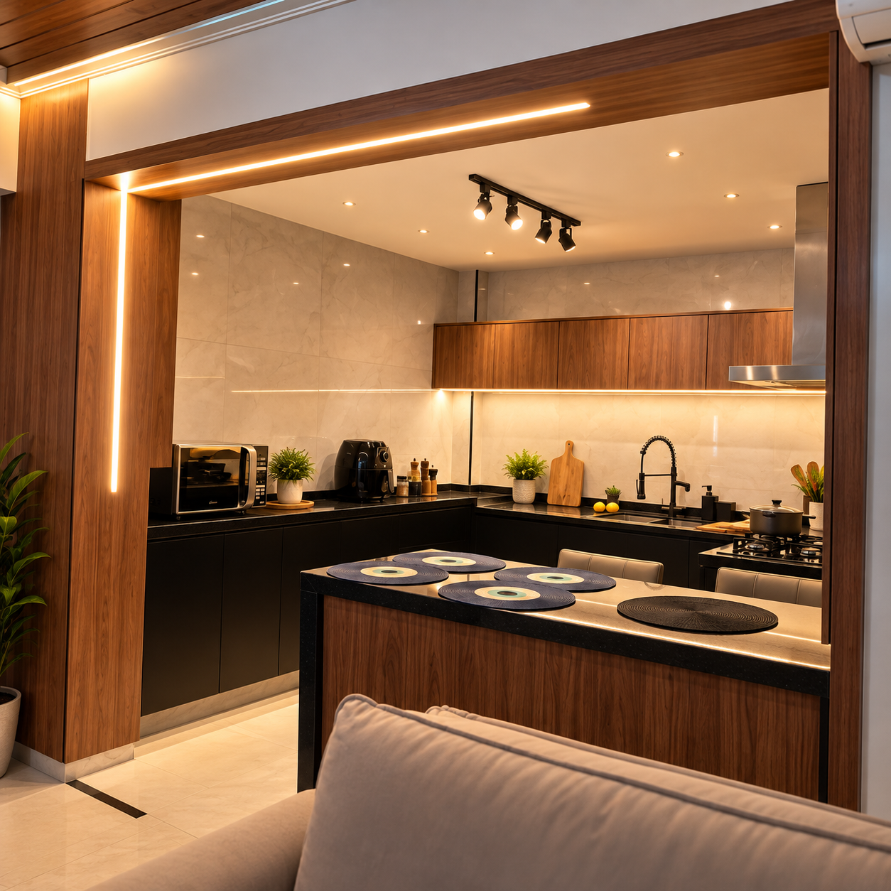 Cozinha contemporânea iluminada em madeira e preto