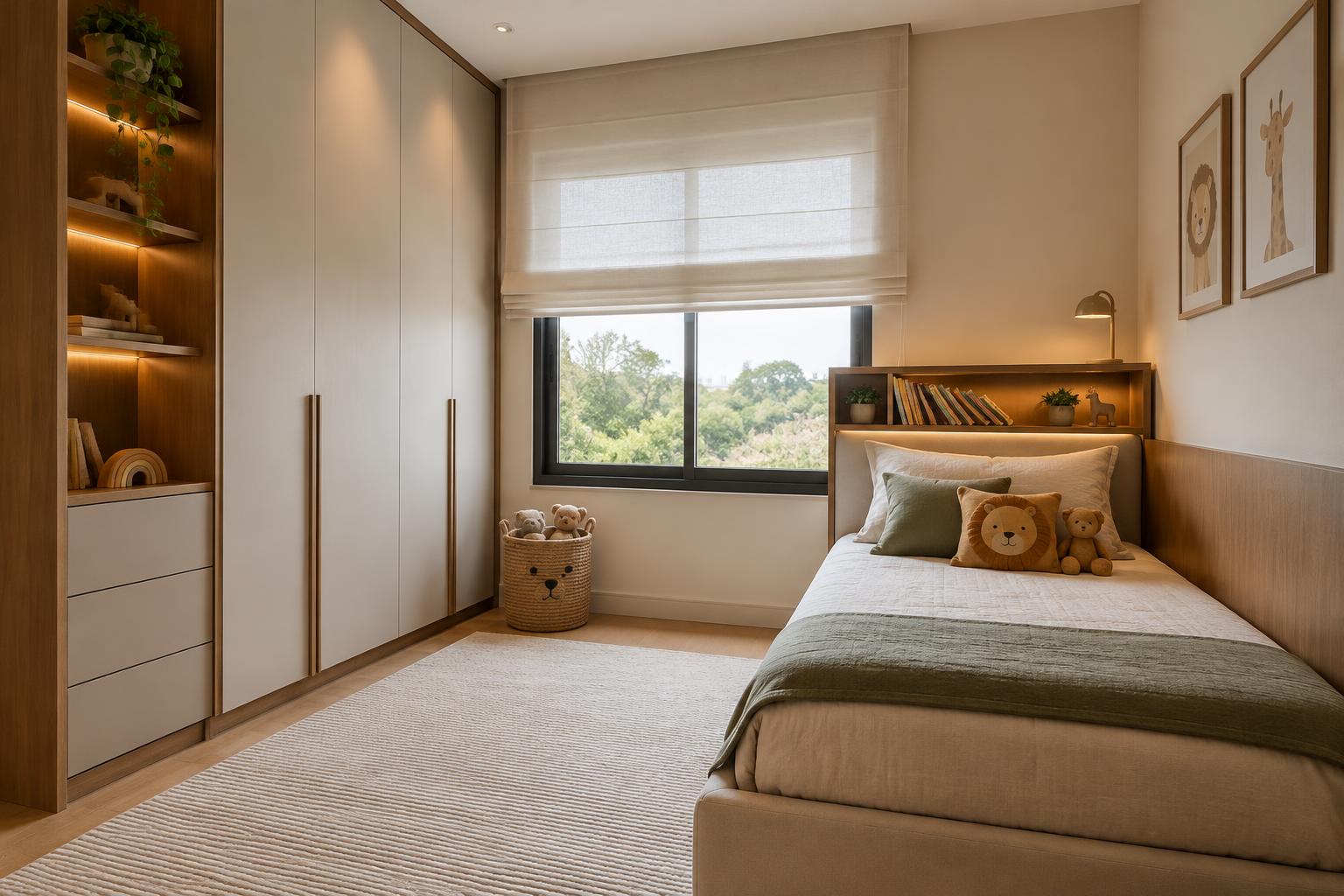 Inspiração de quarto infantil com guarda-roupa sob medida e iluminação suave