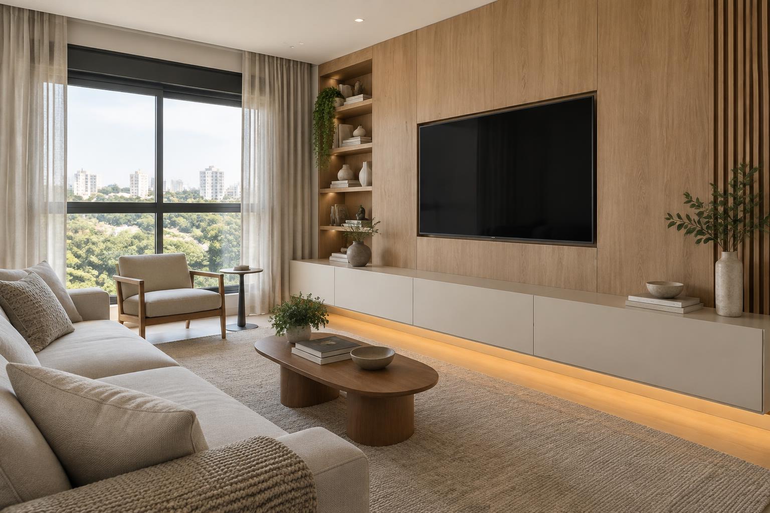Inspiração de sala com painel de televisão e rack suspenso